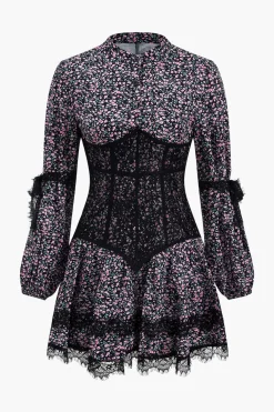 Ditsy Floral Print Lace Trim Corset Long Sleeve Mini Dress