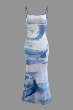 Dolphin Print Mesh Slip Midi Dress