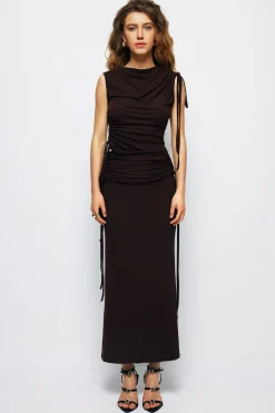 Drawstring Ruched Split Maxi Skirt
