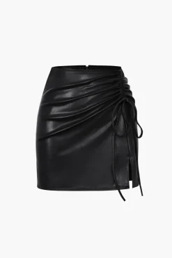 Drawstring Slit Leather Mini Skirt