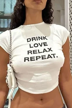 DRINK LOVE RELAX REPEAT Letter Print Ruched Cut Out T-shirt