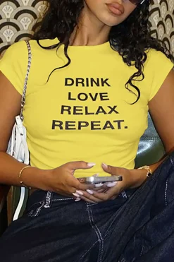 DRINK LOVE RELAX REPEAT Letter Print Ruched Cut Out T-shirt