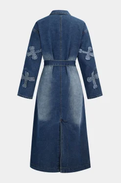 Embroidery Denim Long Coat Belted Outerwear