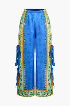Ethnic Print Satin Knotted Cami Top and Wide Leg Pants Set