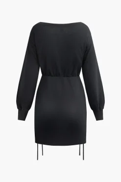 Eyelet Tie Ruched Drawstring Slit Mini Dress