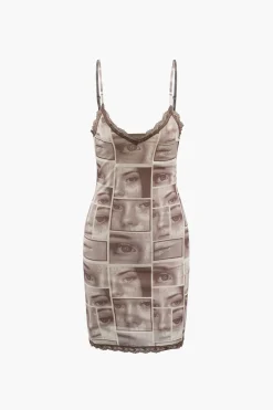 Face Graphic V-neck Lace Trim Mini Dress