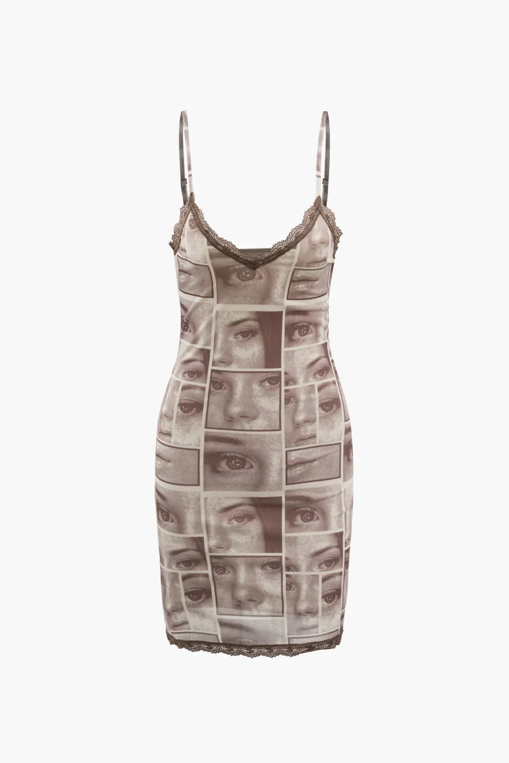 Face Graphic V-neck Lace Trim Mini Dress