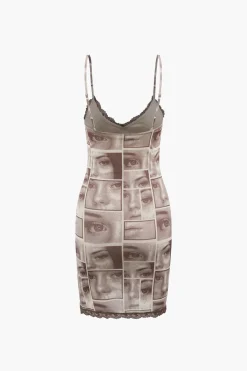 Face Graphic V-neck Lace Trim Mini Dress
