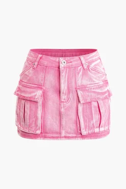 Faded Flap Pocket Cargo Denim Mini Skirt