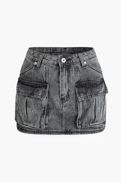 Faded Flap Pocket Cargo Denim Mini Skirt