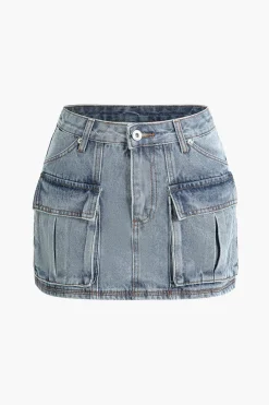 Faded Flap Pocket Cargo Denim Mini Skirt