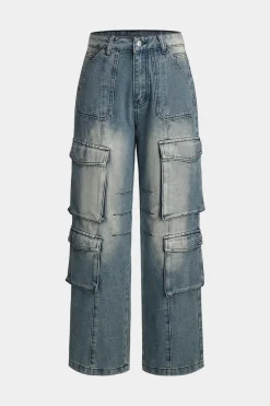 Faded Pocket Straight Leg Cargo Jeans