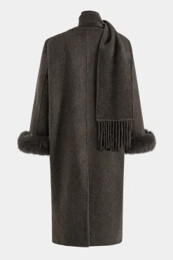 Faux Fur Button Pocket Long-Sleeve Coat With Scarf