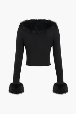 Faux Fur Collar Button Long-Sleeve Top