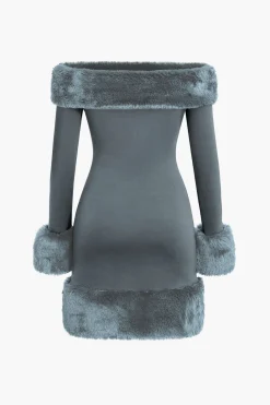 Faux Fur Trim Off Shoulder Midi Dress