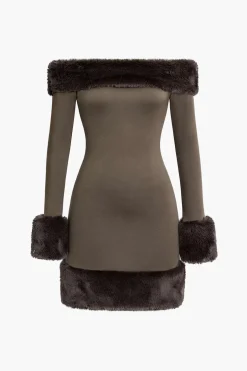 Faux Fur Trim Off Shoulder Midi Dress