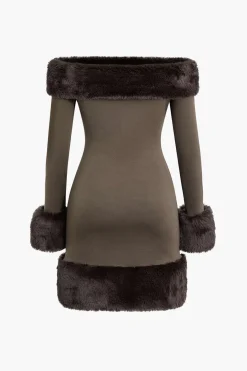 Faux Fur Trim Off Shoulder Midi Dress