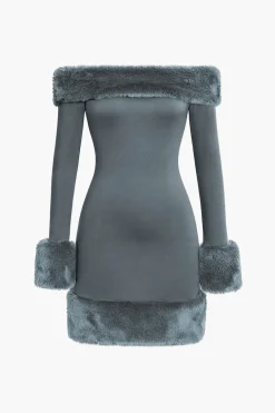 Faux Fur Trim Off Shoulder Midi Dress