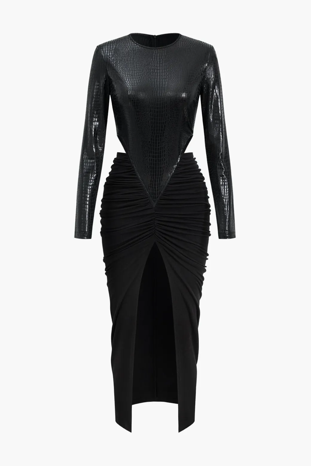 Faux Leather Patchwork Long Sleeve Maxi Dress
