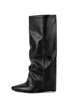 Faux Leather Almond Toe Mid Calf Boots