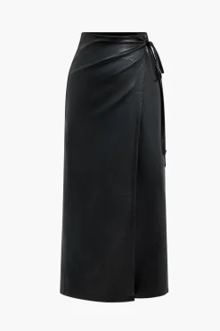 Faux Leather Asymmetrical High Waist Tie-Up Skirt