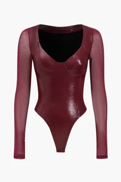 Faux Leather Bustier Long Sleeve Bodysuit