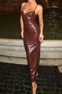 Faux Leather Bustier Slip Midi Dress