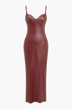 Faux Leather Bustier Slip Midi Dress