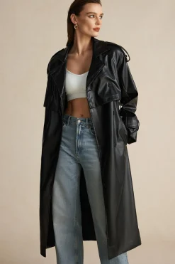 Faux Leather Button Asymmetrical Belted Coat