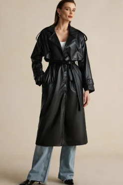 Faux Leather Button Asymmetrical Belted Coat