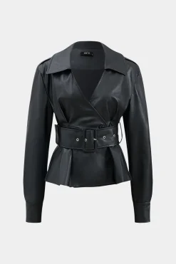 Faux Leather Button Belted Jacket