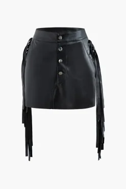 Faux Leather Button Fringe Trim Mini Skirt