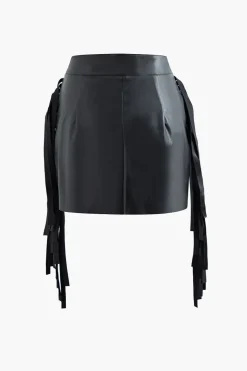 Faux Leather Button Fringe Trim Mini Skirt