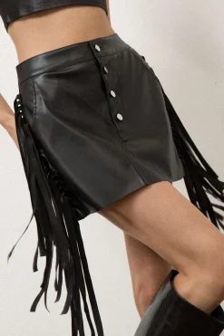 Faux Leather Button Fringe Trim Mini Skirt