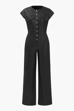 Faux Leather Button Jumpsuit