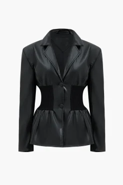 Faux Leather Button Patchwork Blazer