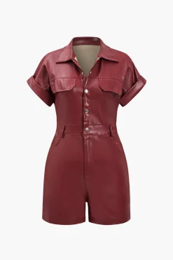 Faux Leather Button Pocket Romper