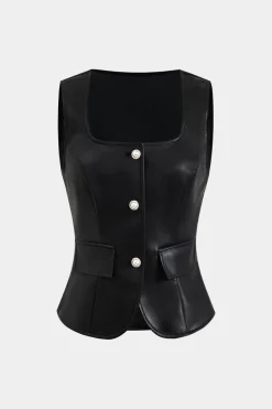 Faux Leather Button Tank Top