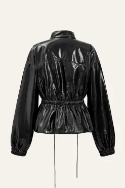 Faux Leather Drawstring Pocket Jacket