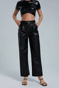 Faux Leather Elastic Waistband Straight Leg Pants