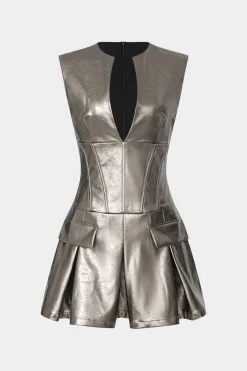 Faux Leather Fake Pocket V-Neck Sleeveless Mini Dress