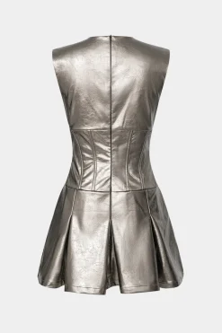 Faux Leather Fake Pocket V-Neck Sleeveless Mini Dress