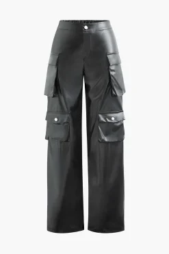 Faux Leather Flap Pocket Straight Leg Cargo Pants