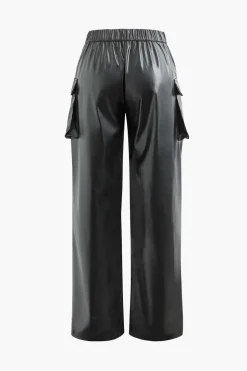 Faux Leather Flap Pocket Straight Leg Cargo Pants