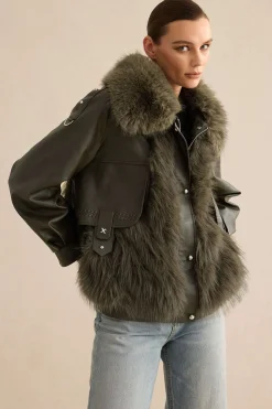 Faux Leather Fur Patchwork Coat