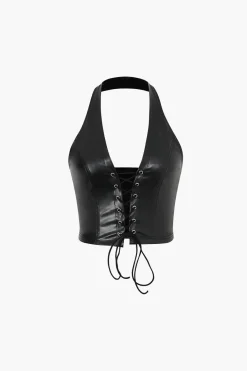 Faux Leather Halter Lace-Up Top