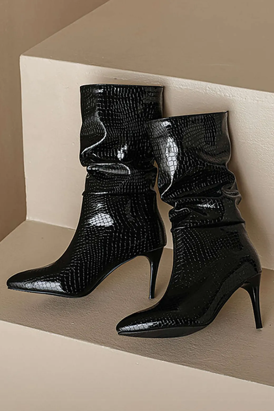 Faux Leather High Heel Pointed Ankle Boots