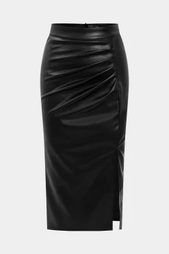 Faux Leather High Waist Side Slit Ruched Skirt