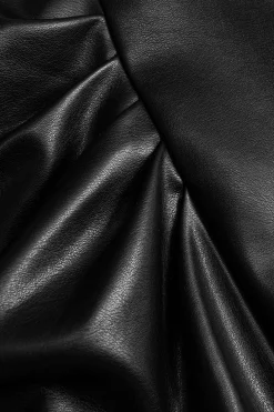 Faux Leather High Waist Side Slit Ruched Skirt