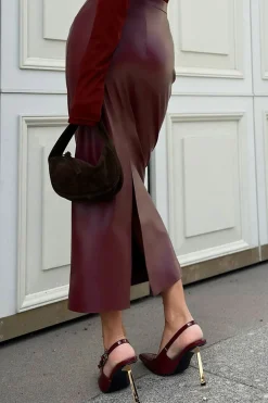 Faux Leather High Waist Slit Skirt